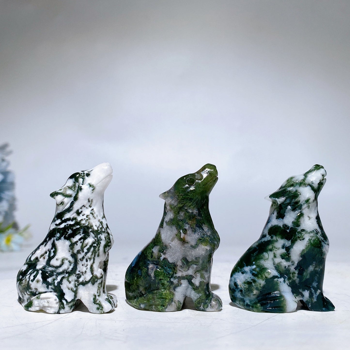 1.9" Moss Agate Wolf Carving Crystal Healing Bulk Wholesale