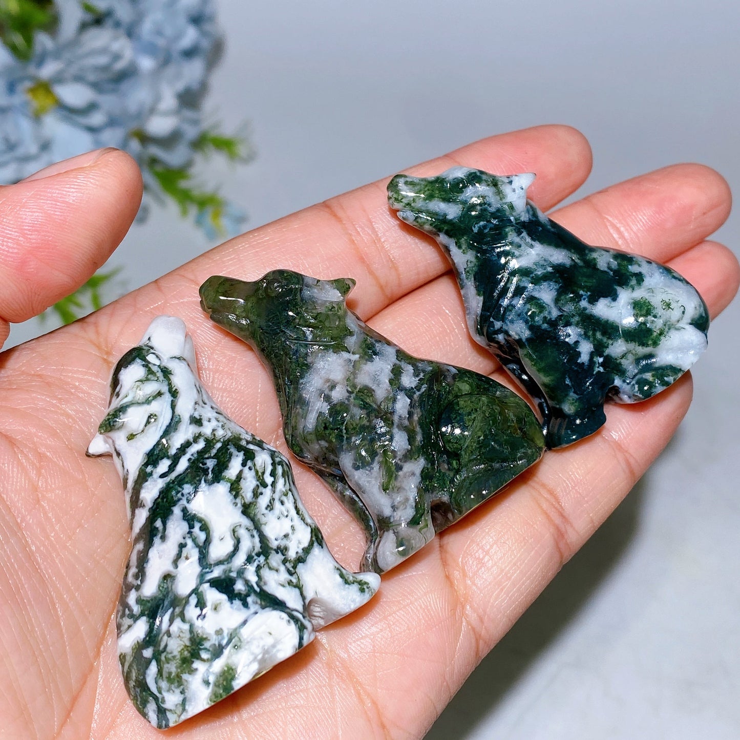 1.9" Moss Agate Wolf Carving Crystal Healing Bulk Wholesale