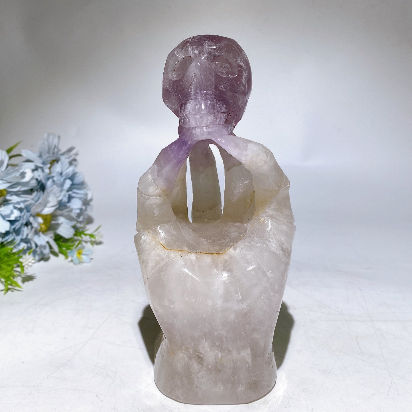18cm Large Unique Amethyst Grow with Quartz Ghost Hand Holding Skull Carving Crystal Healing Bulk Wholesale