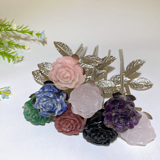 22cm Crystal Bud Bloom Flower with Silver Stem Leaf Crystal Healing Bulk Wholesale