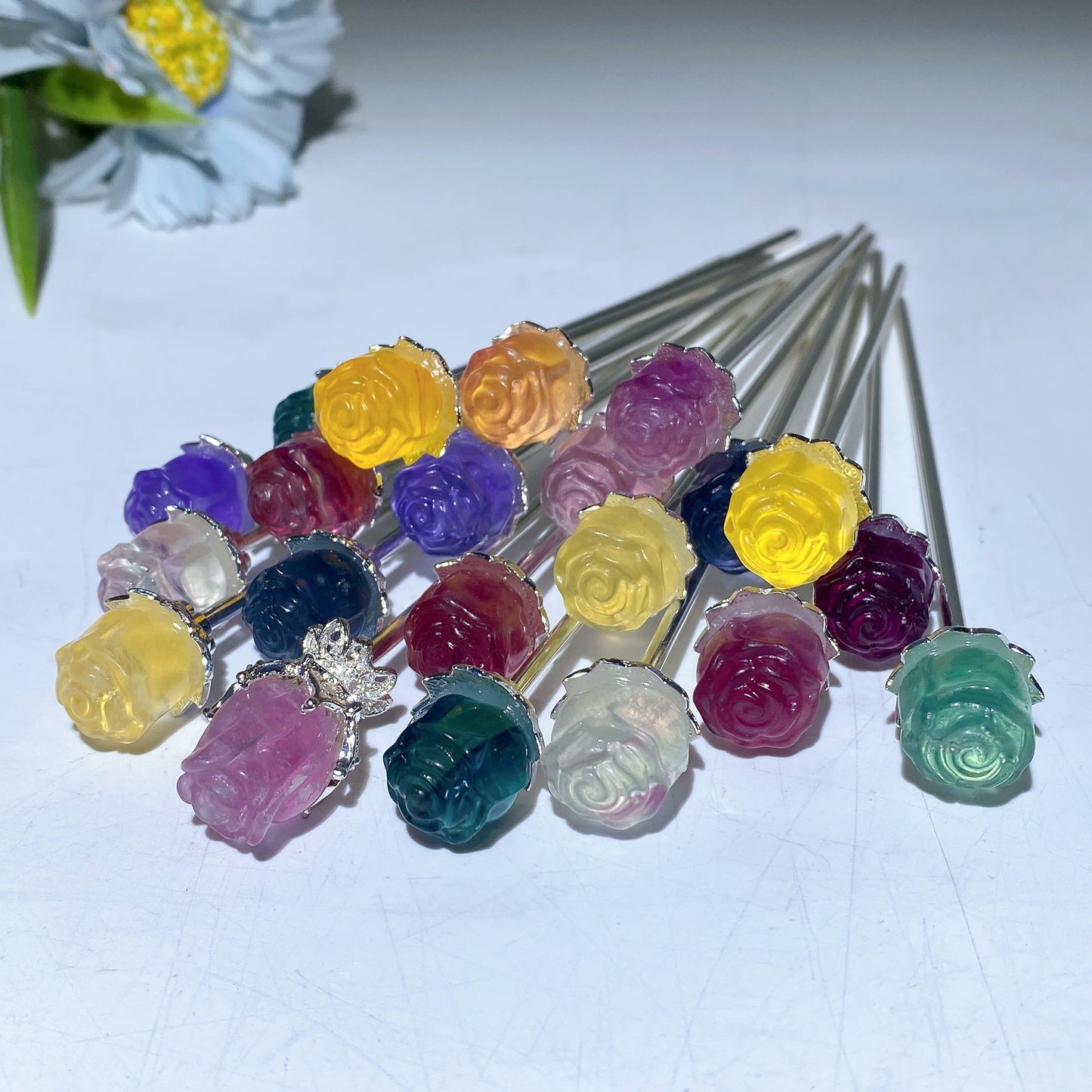 Fluorite Rose Flower Hair Pin Crystal Healing Bulk Wholesale