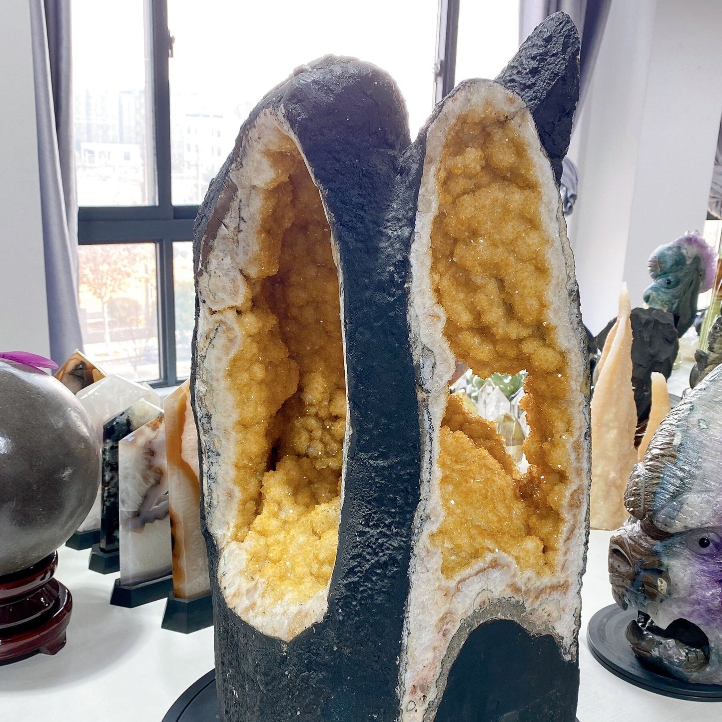 62cm Large Unique Full Clusters Citrine Geode with Three-sides Window Specimen Crystal Healing