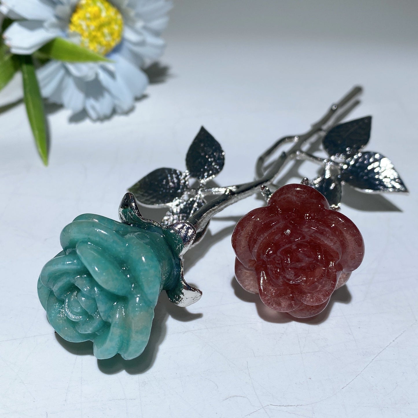 19cm Silver Stem Mixed Crystal Double Flowers Carvings Crystal Healing Bulk Wholesale