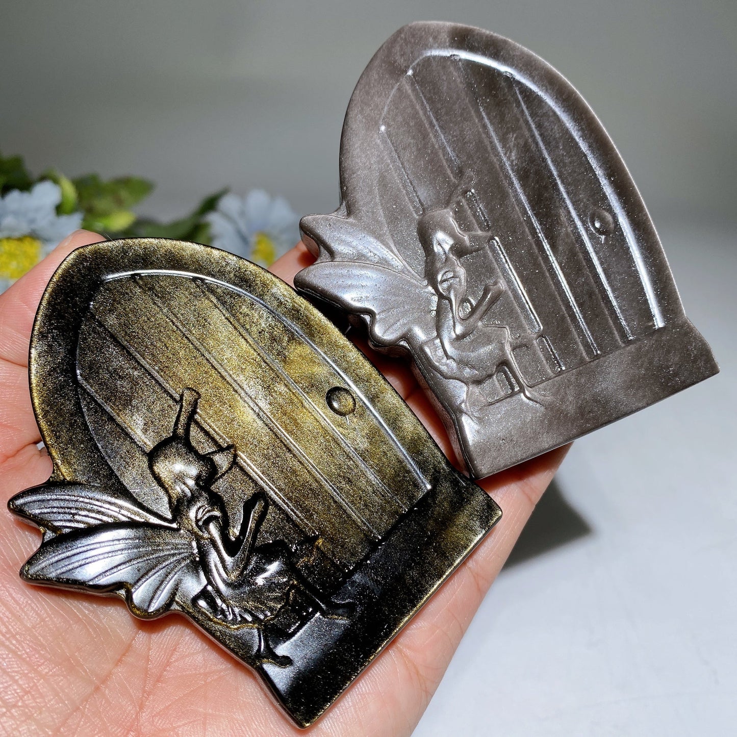 3.5" Golden Obsidian Silver Obsidian Fairy Magic Door Carving Crystal Healing Bulk Wholesale