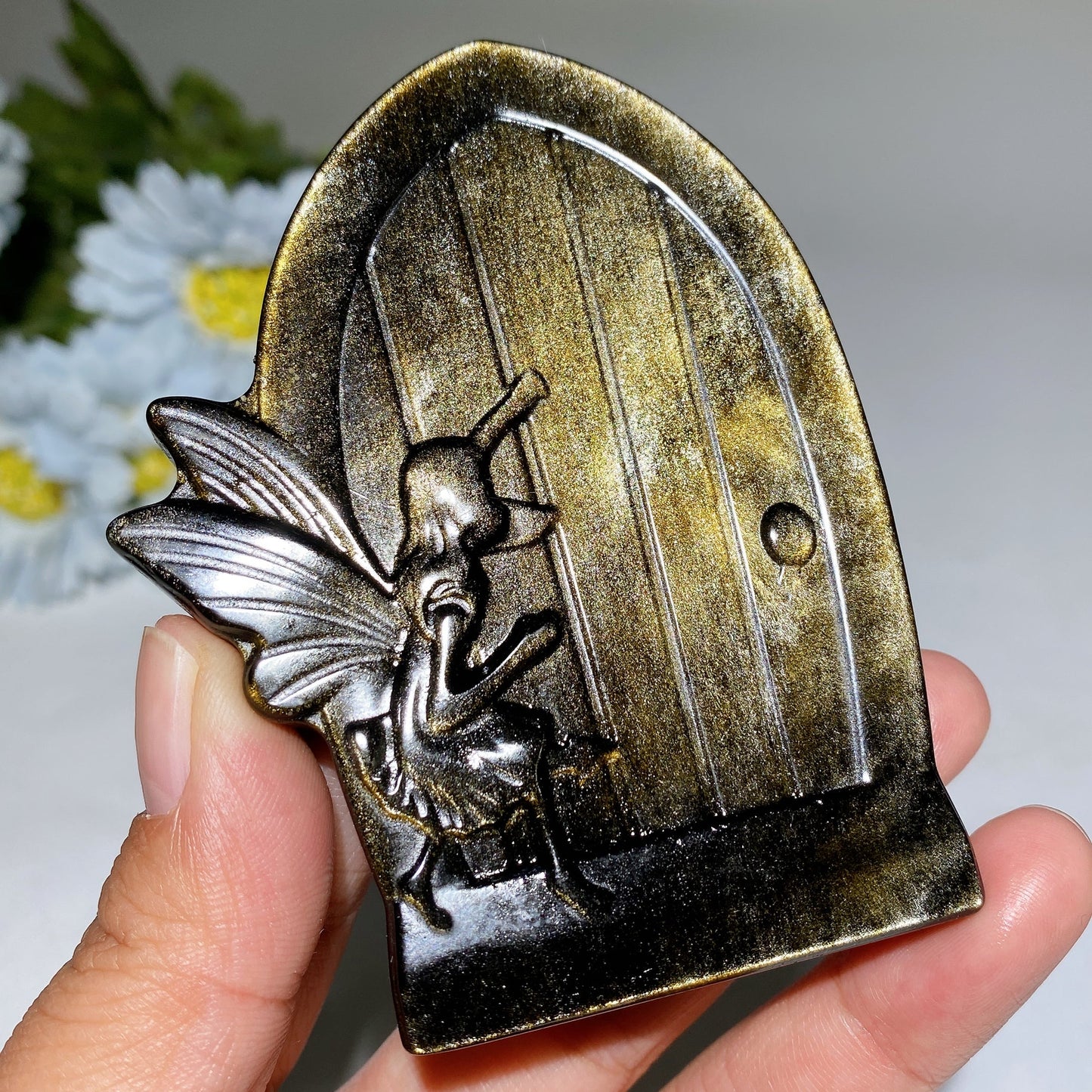 3.5" Golden Obsidian Silver Obsidian Fairy Magic Door Carving Crystal Healing Bulk Wholesale