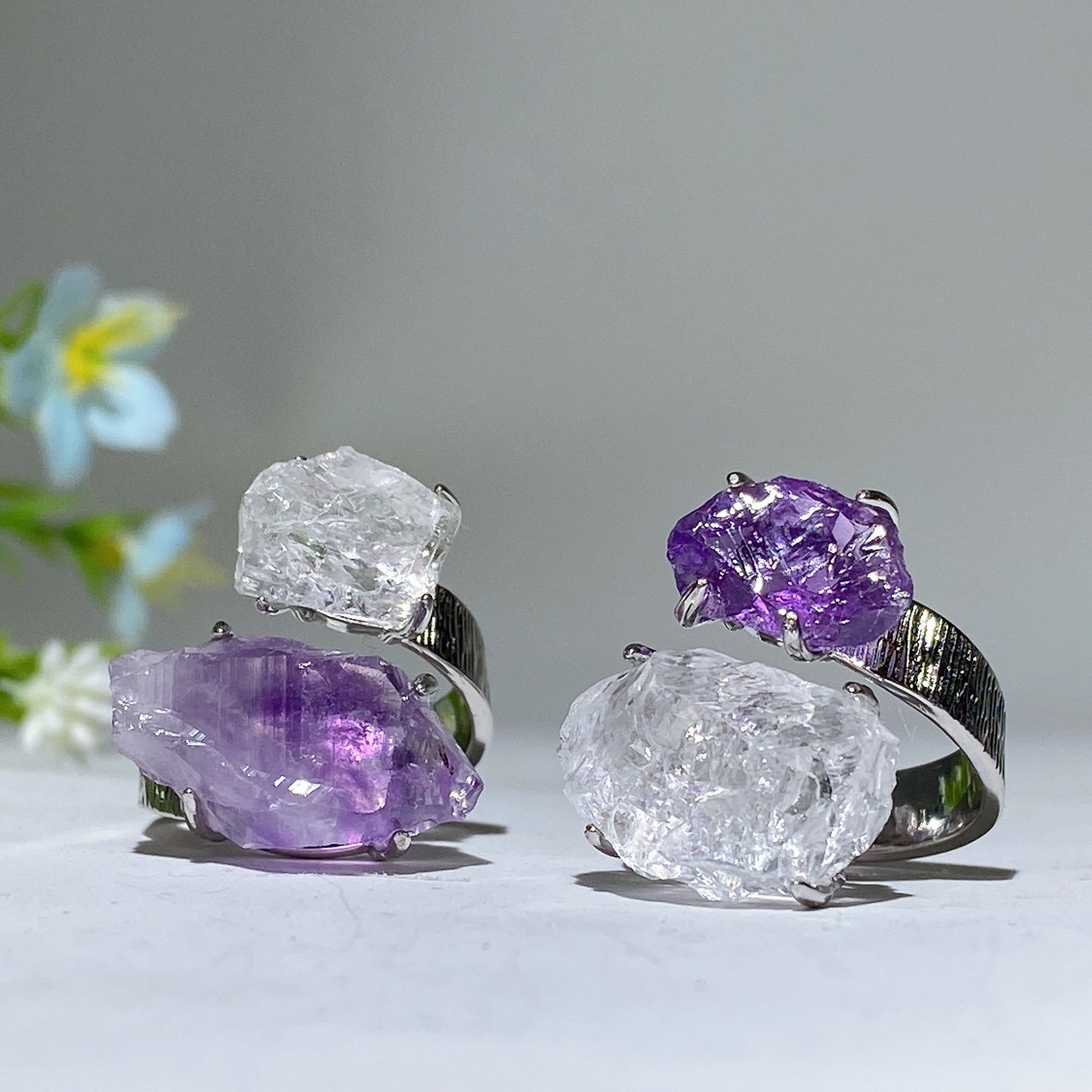 Adjustable Double Crystal Raw Stone Ring Crystal Healing Bulk Wholesale