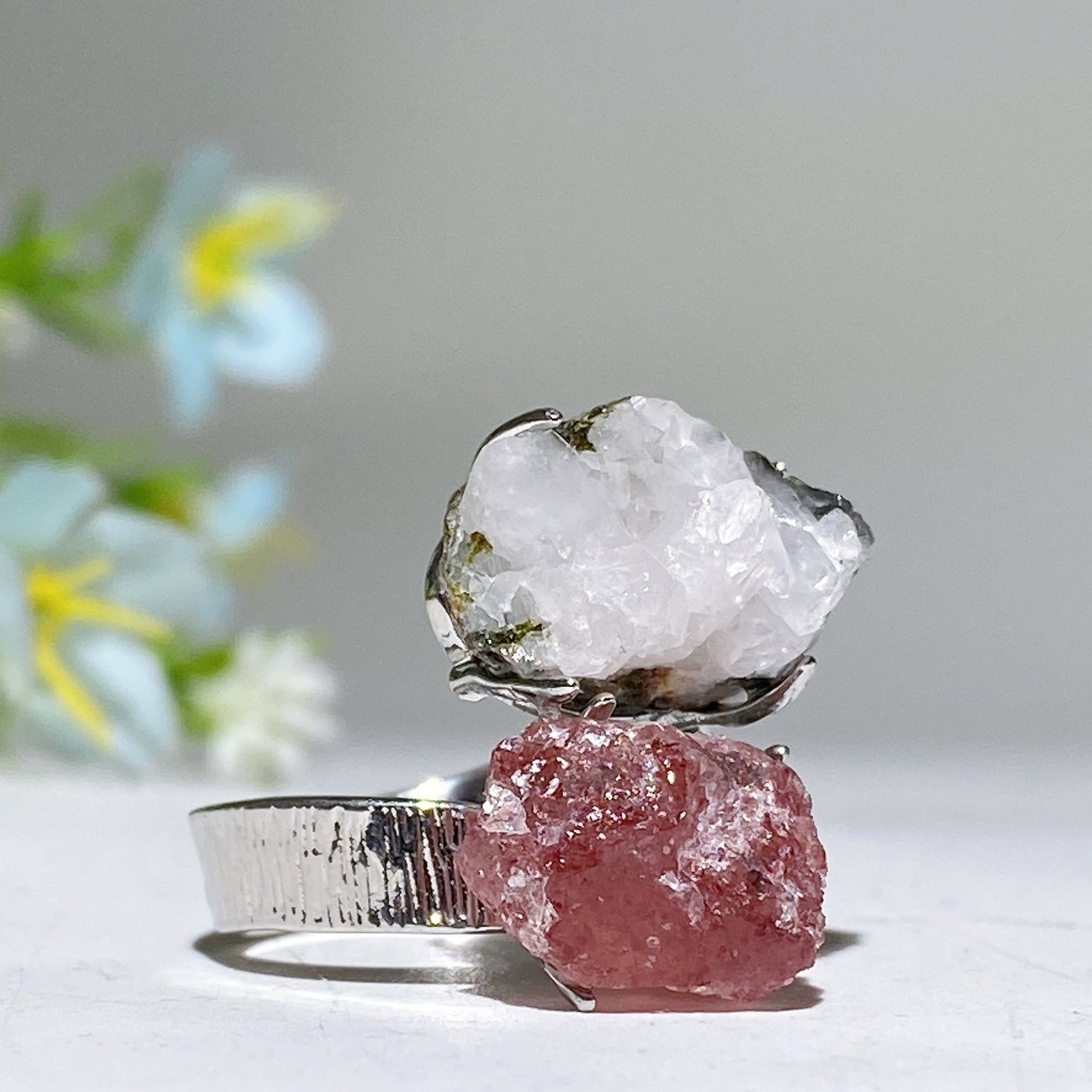 Adjustable Double Crystal Raw Stone Ring Crystal Healing Bulk Wholesale