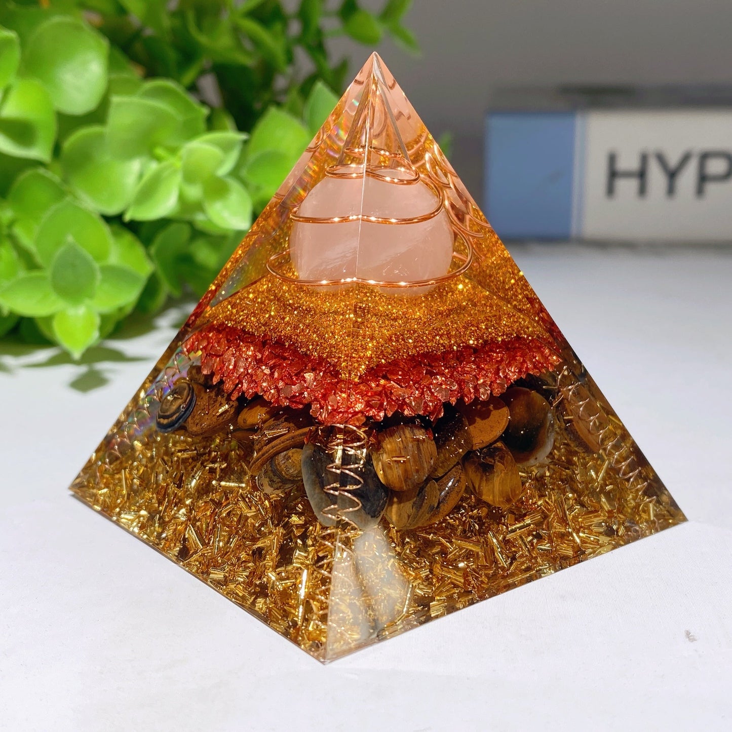 2.4" Tiger's Eye Chips Infused Resing Pyramid Bulk Wholeseale