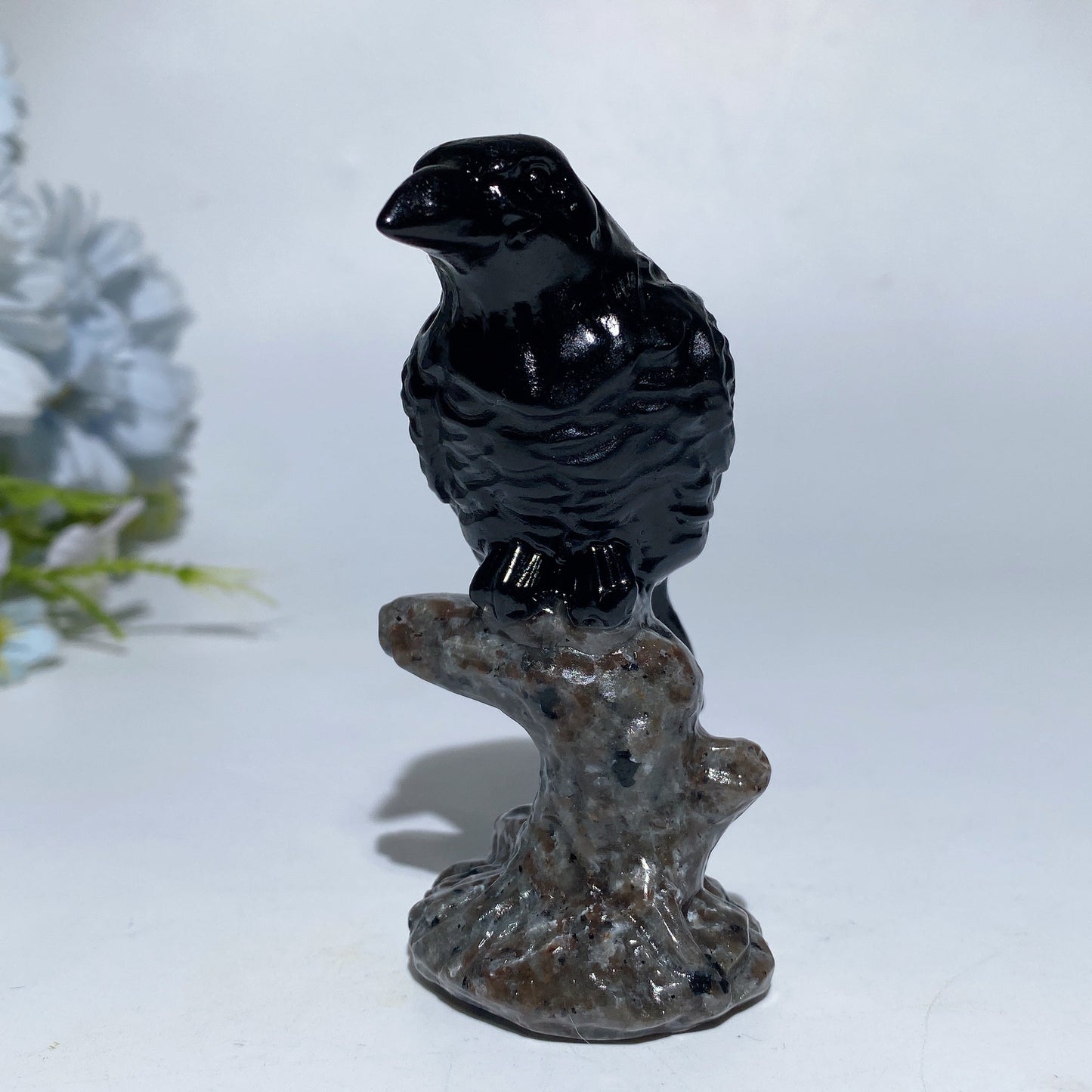 3.4" Black Obsidian Raven on Branch Carving Crystal Healing Bulk Wholesale