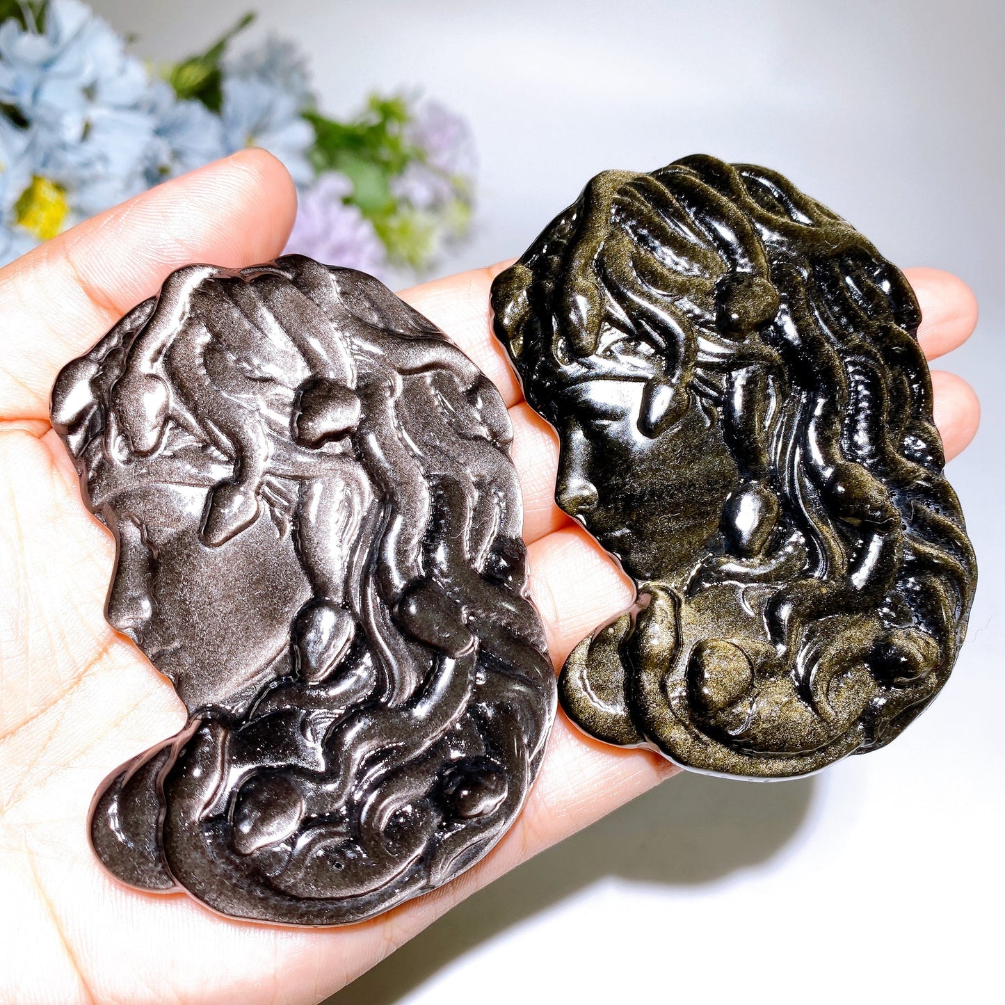 3.3" Silver Obsidian Golden Obsidian Medusa Carving Crystal Healing Bulk Wholesale