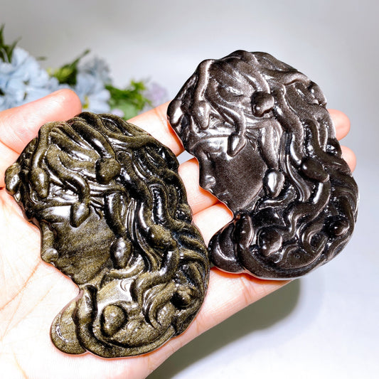 3.3" Silver Obsidian Golden Obsidian Medusa Carving Crystal Healing Bulk Wholesale