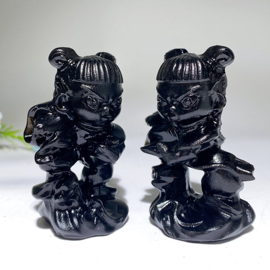 3.1" Black Obsidian Nezha Carving Crystal Healing Bulk Wholesale