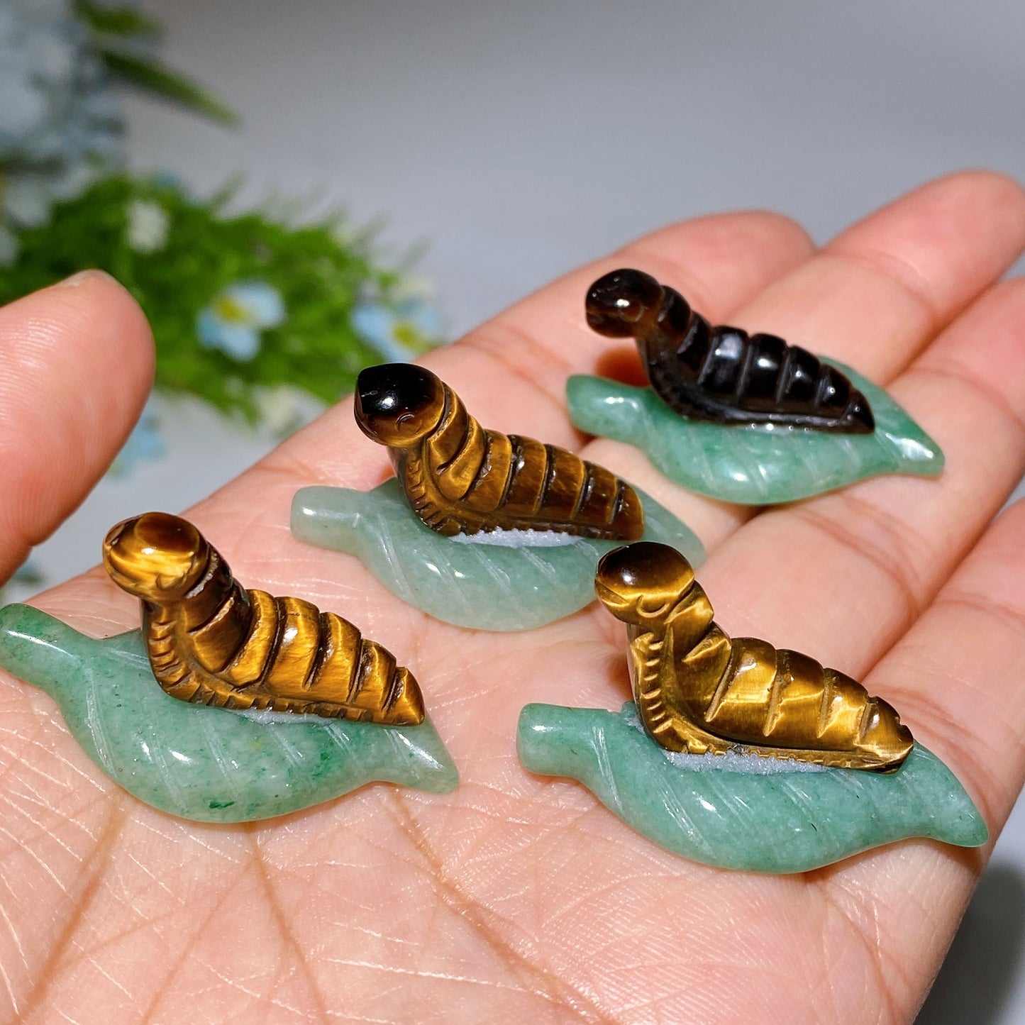 1.3" Crystal Silkworm on Green Aventurine Leaf Carving Crystal Healing Bulk Wholesale