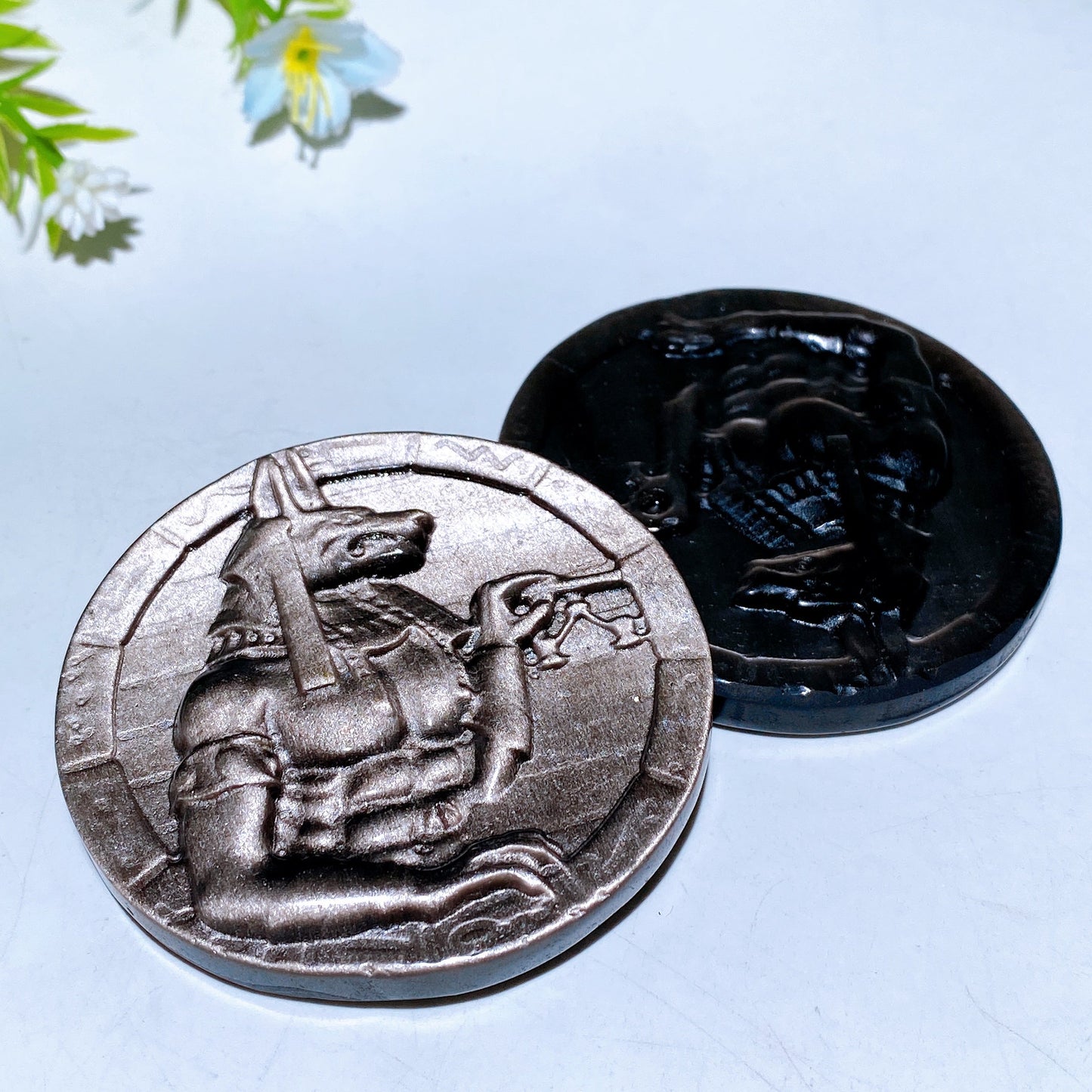 2.4" Silver Obsidian Anubis Round Slab Carving Crystal Healing Bulk Wholesale