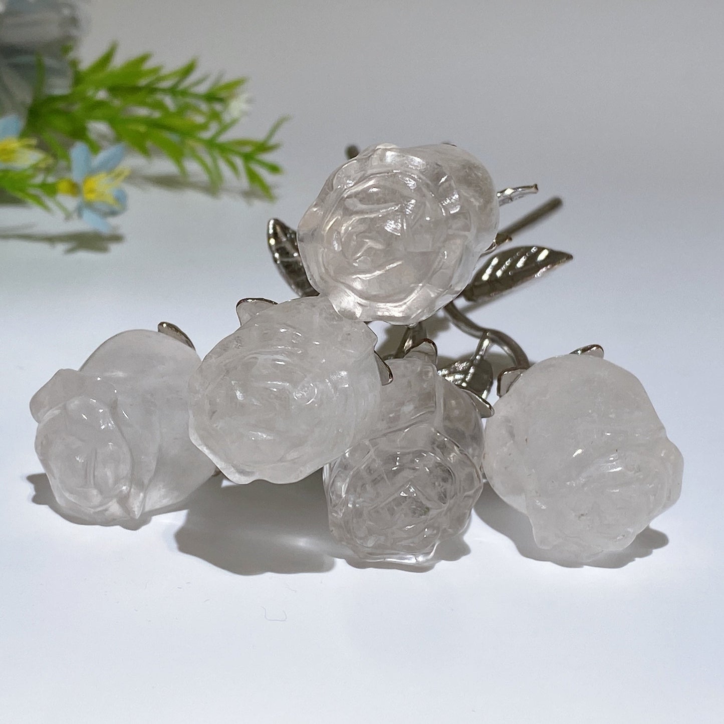 Crystal Flower Carving with Silver Color Metal Stem Crystal Healing Bulk Wholesale