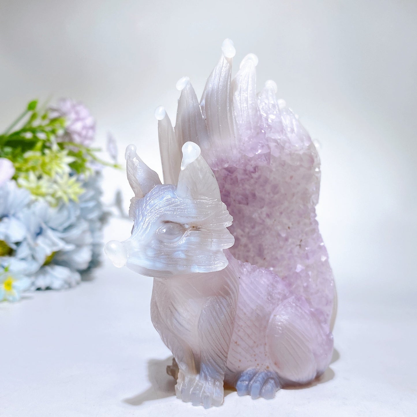 4.5" Unique Agate Growing with Amethyst Cluster Fox Carving Crystal Healing Bulk Wholesale