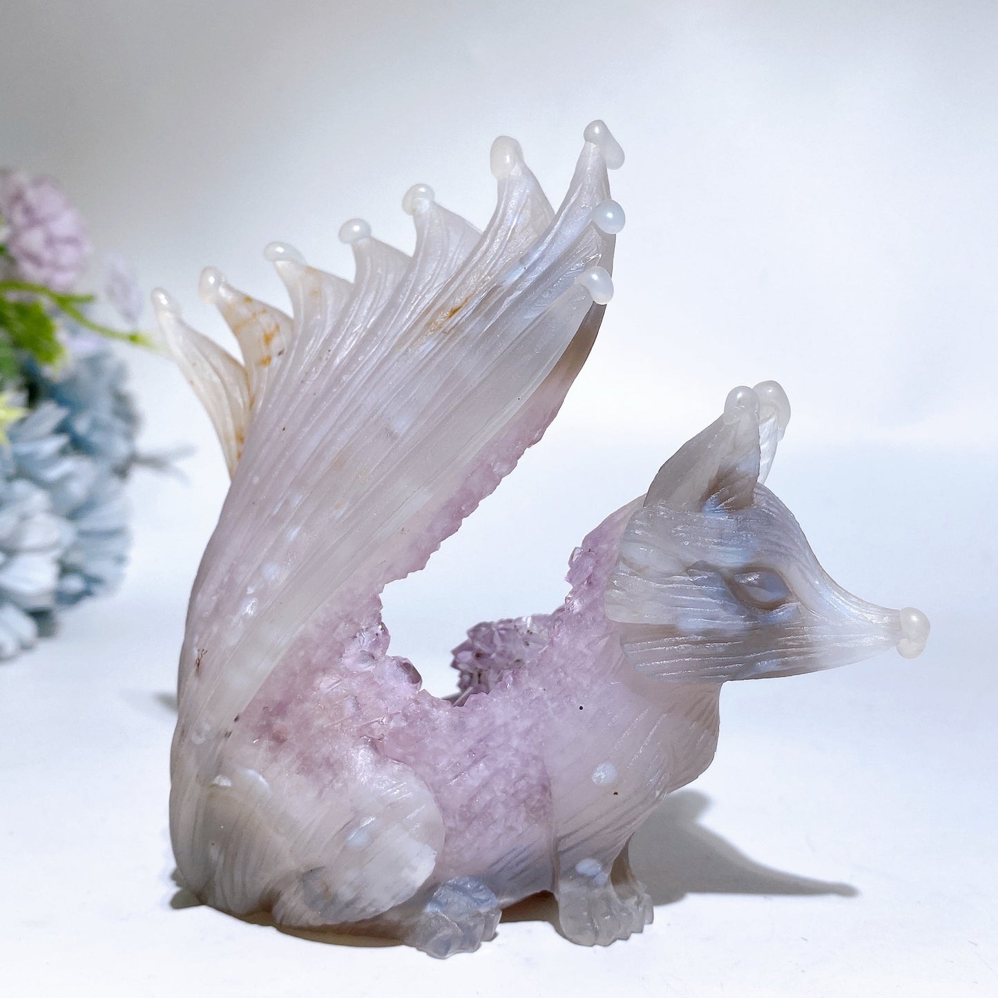 4.5" Unique Agate Growing with Amethyst Cluster Fox Carving Crystal Healing Bulk Wholesale