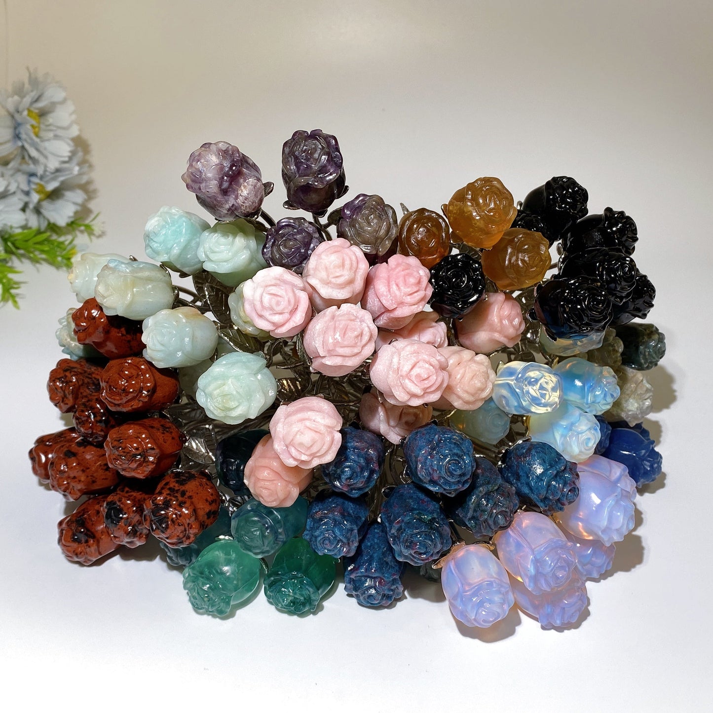 Crystal Flower Carving with Silver Color Metal Stem Crystal Healing Bulk Wholesale