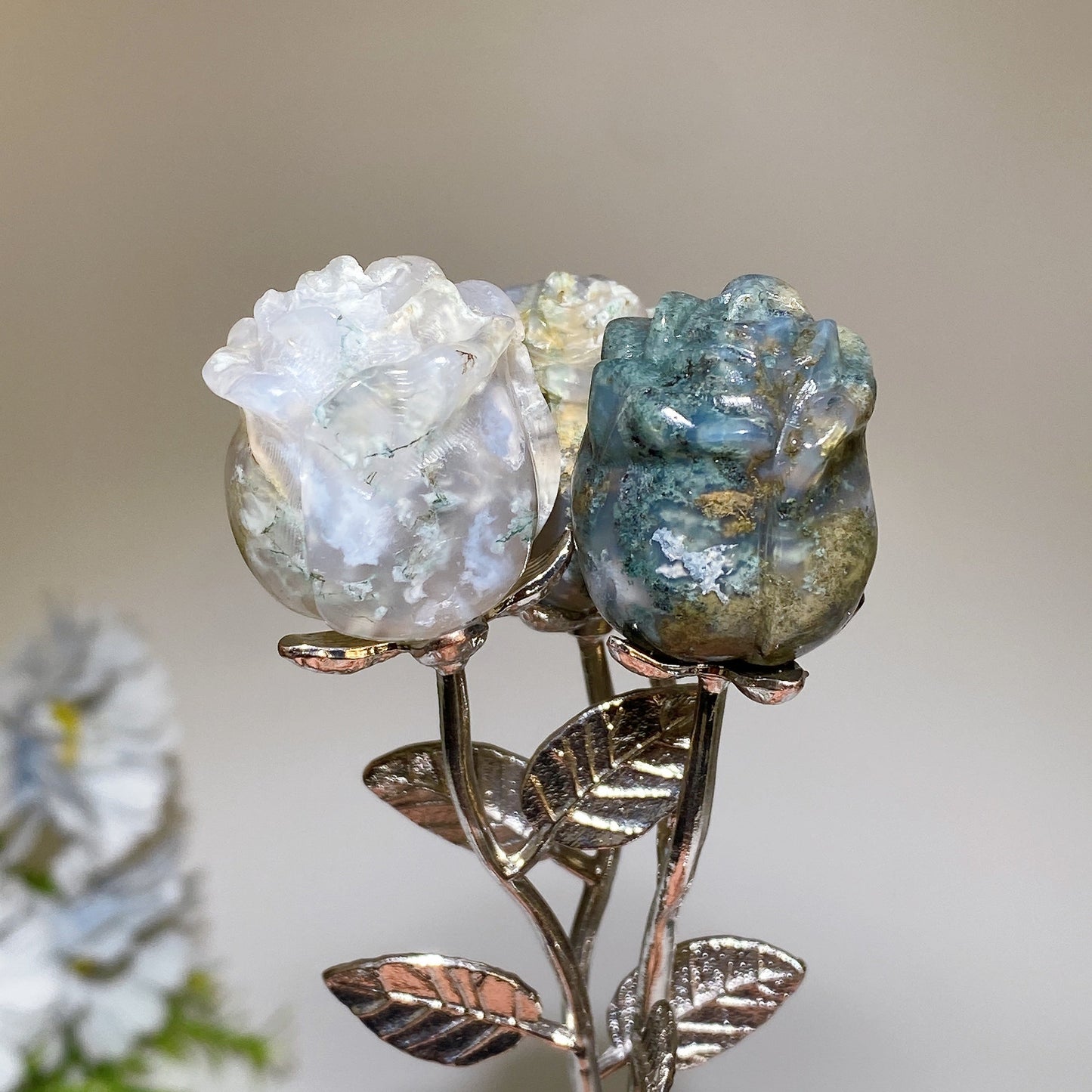 Crystal Flower Carving with Silver Color Metal Stem Crystal Healing Bulk Wholesale