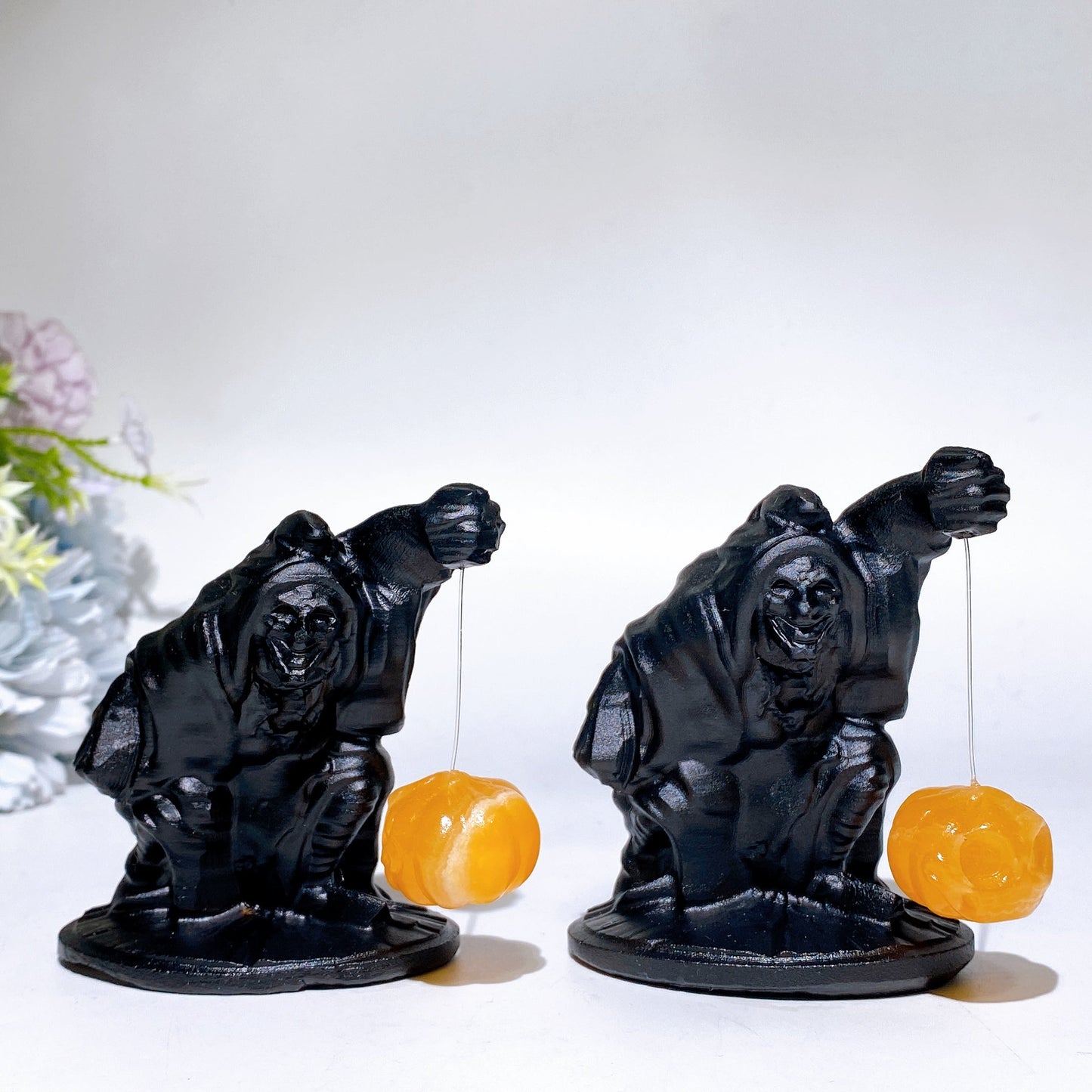 3.4" Black Obsidian Witch with Orange Calcite Pumpkin Lamp Carving Crystal Healing Bulk Wholesale