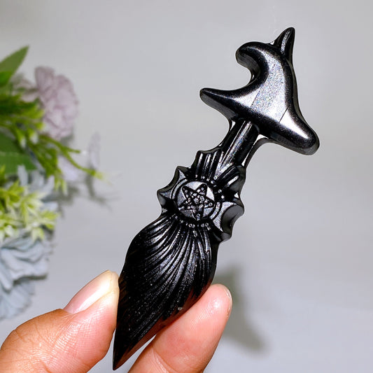 3.9“ Black Obsidian Broom Carving Crystal Healing Bulk Wholesale