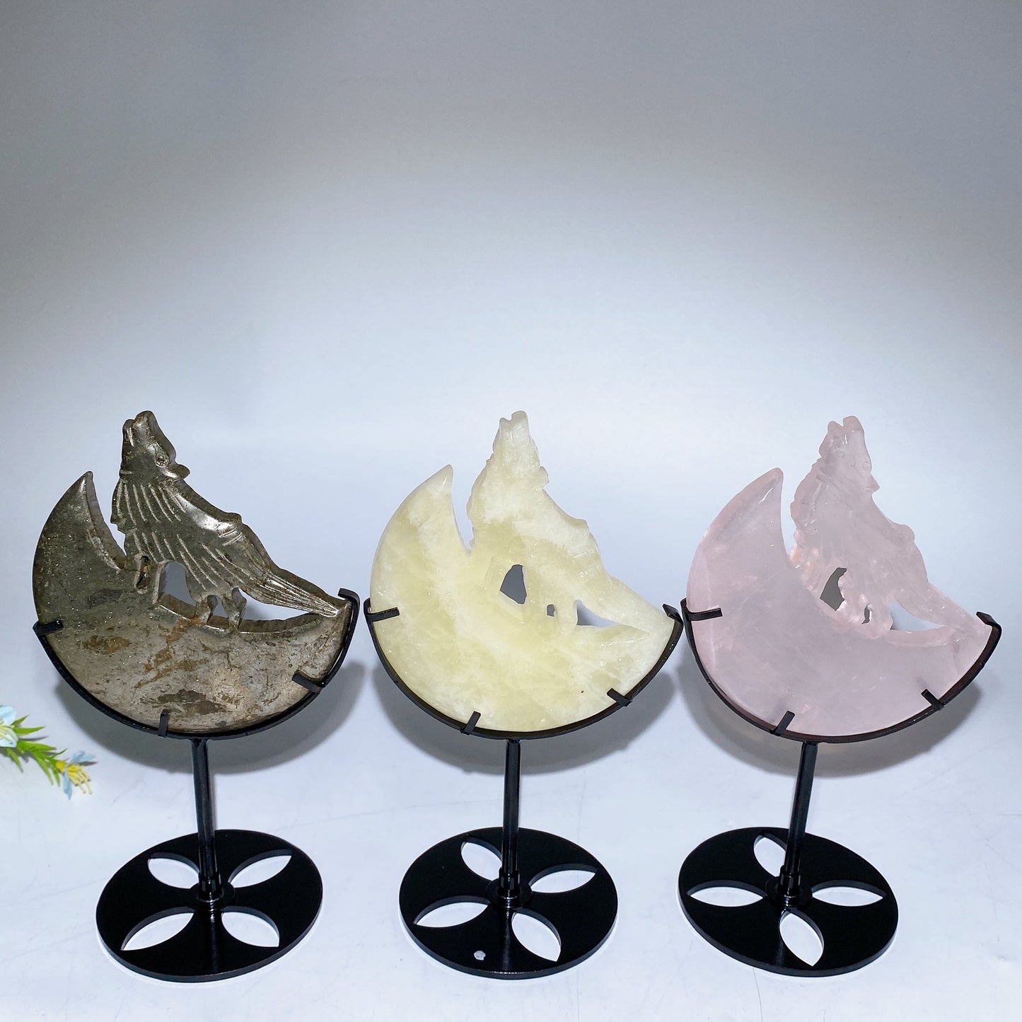 4.0"-4.4" Crystal Wolf On Moon Carving with Stand Crystal Healing Bulk Wholesale