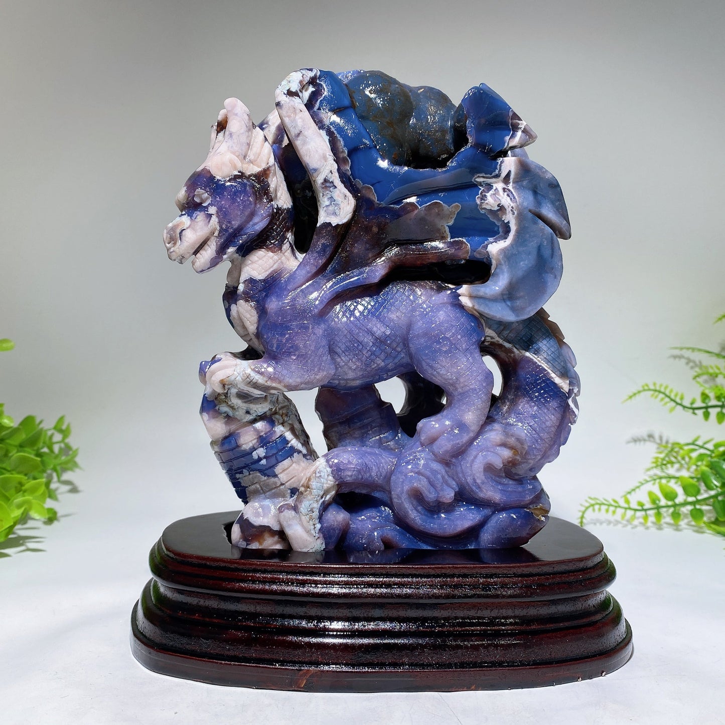 22cm Unique Blue Flower Agate Dragon Carving with Stand Crystal Healing Bulk Wholesale