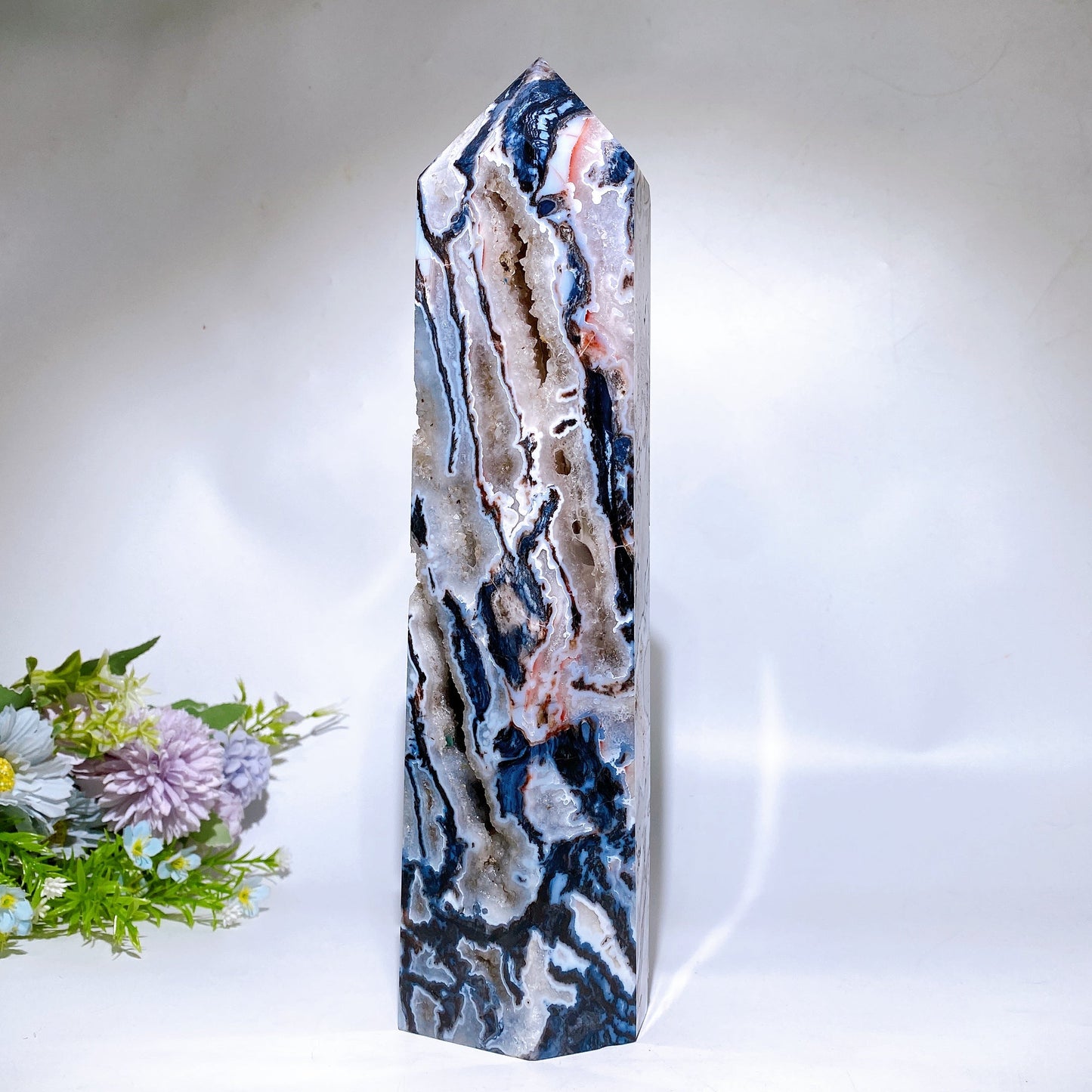 32cm Large Unique Druzy Black Banded Agate In Quartz Tower Crystal Healing Bulk Wholesale