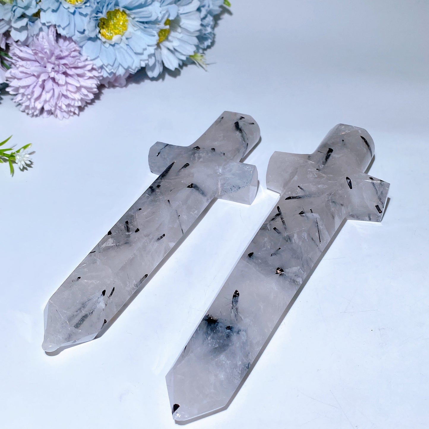 20cm Black Tourmaline In Quartz Sward Carving Crystal Healing Bulk Wholesale