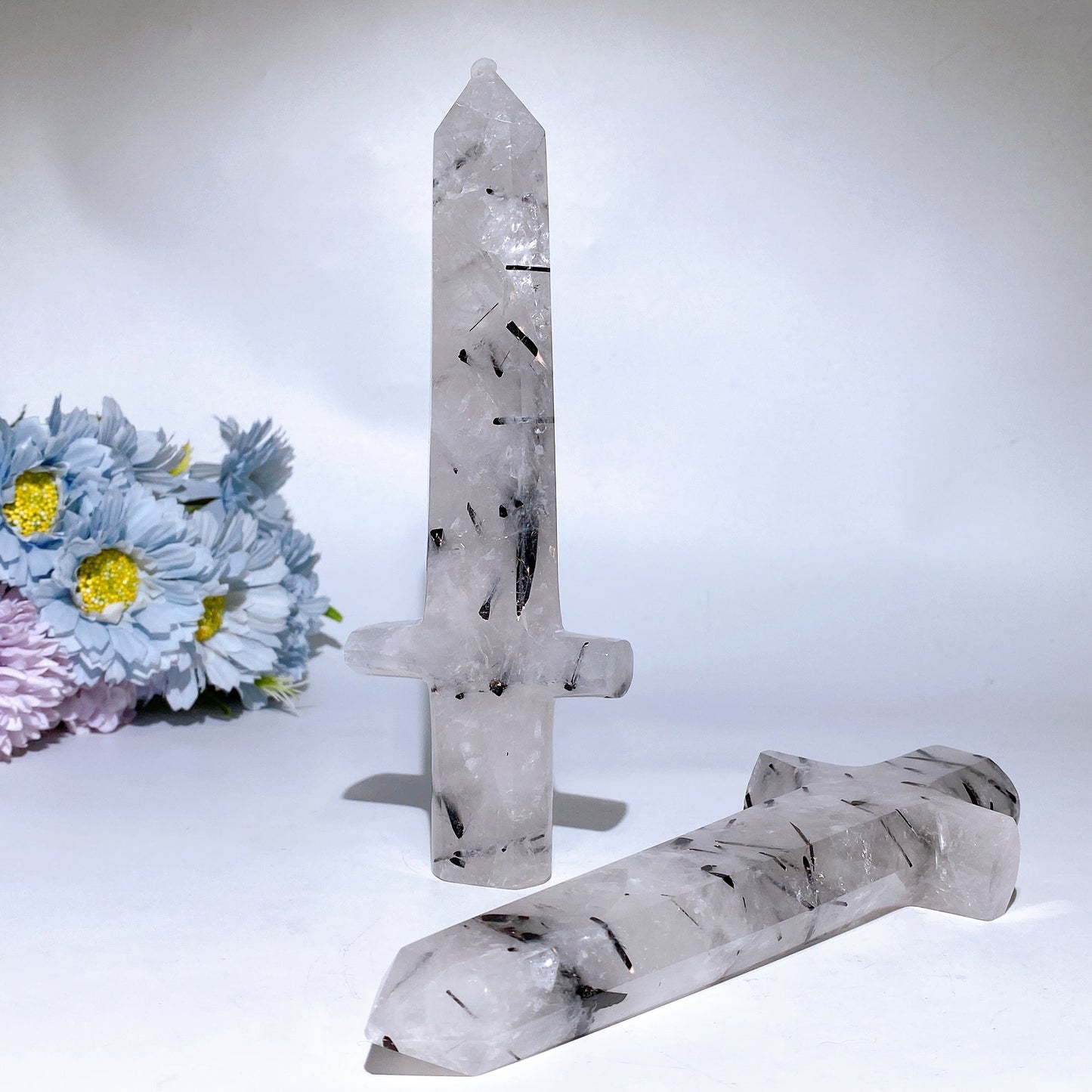 20cm Black Tourmaline In Quartz Sward Carving Crystal Healing Bulk Wholesale