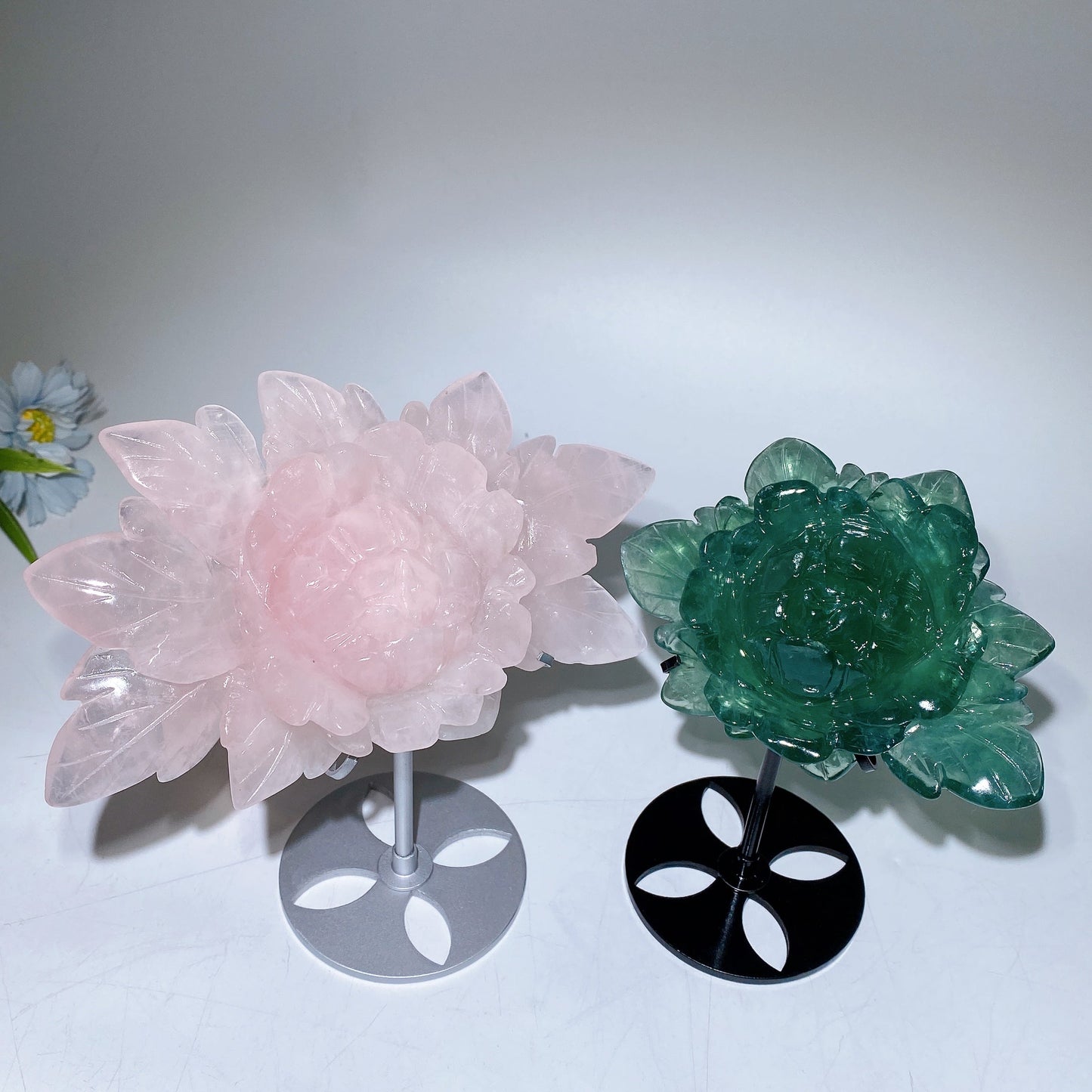 Rose Quartz Fluorite Peony Carving with Stand Crystal Healing Set Bulk Wholesale