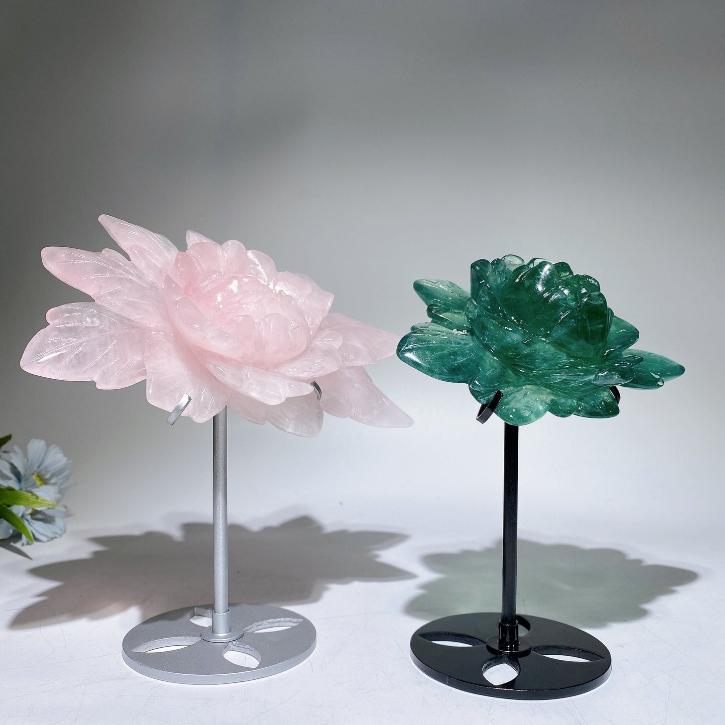 Rose Quartz Fluorite Peony Carving with Stand Crystal Healing Set Bulk Wholesale