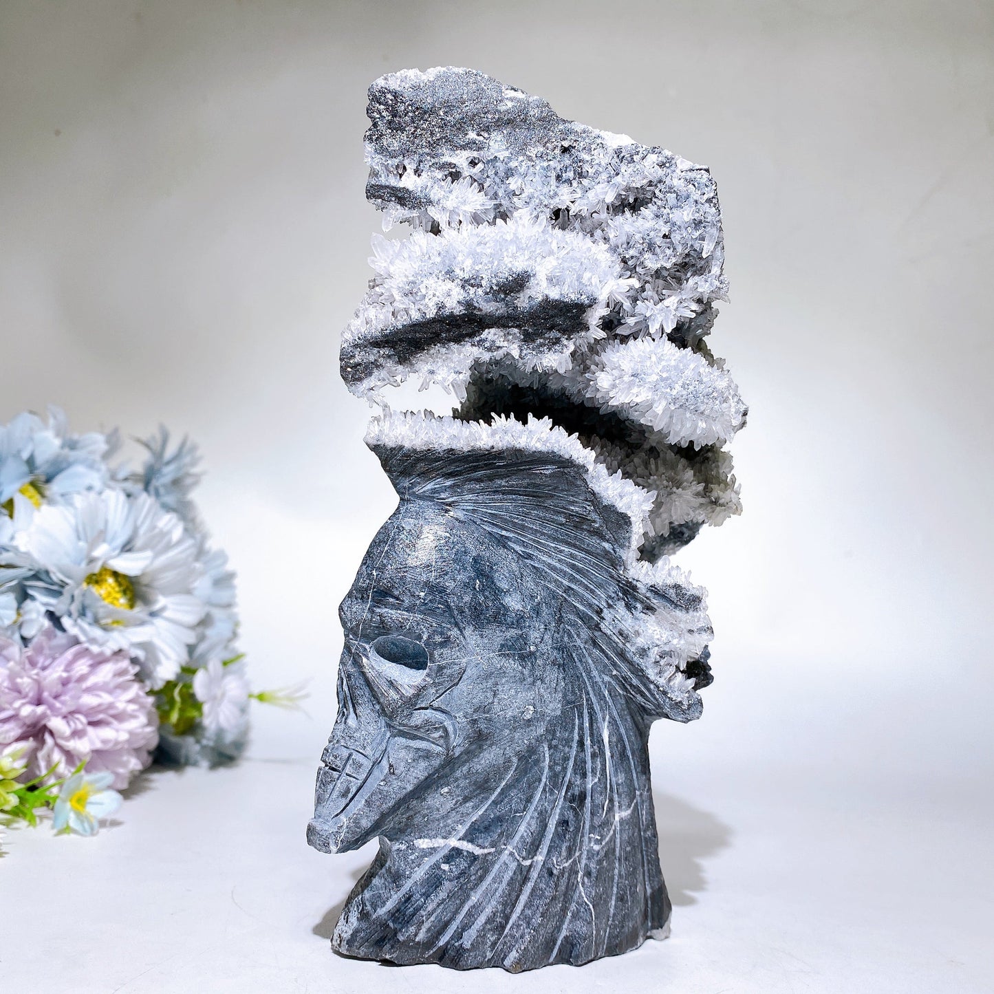 18cm Large Unique Sphelarite Grow with UV Reactive Calcite Skull Carving Crystal Healing Bulk Wholesale