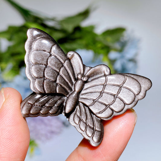 1.9" Silver Obsidian Butterfly Carving Crystal Healing Bulk Wholesale