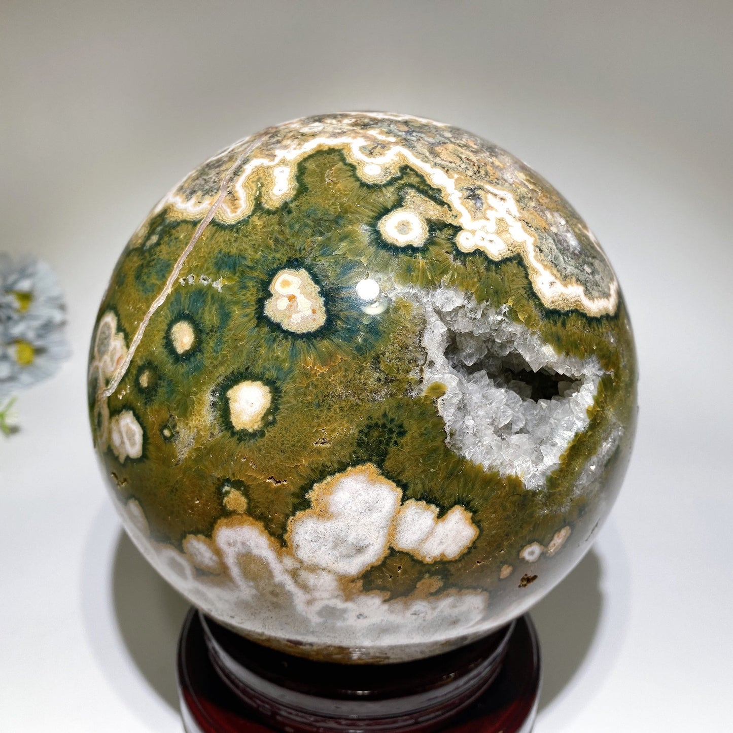 Large Unique Druzy Ocean Jasper Sphere with Wooden Stand Crystal Healing Bulk Wholesale