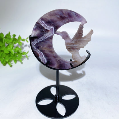 Crystal Hummingbird on Moon Carving with Stand Free Form Crystal Healing Bulk Wholesale
