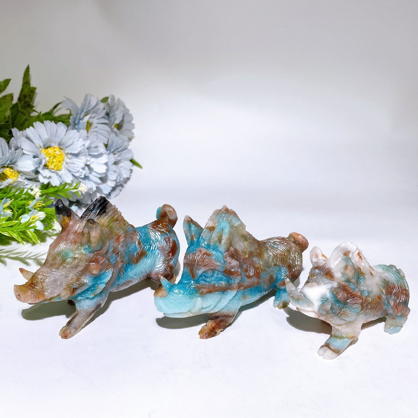 Caribbean Calcite Sky Blue Wild Boar Family Carving Crystal Healing Bulk Wholesale