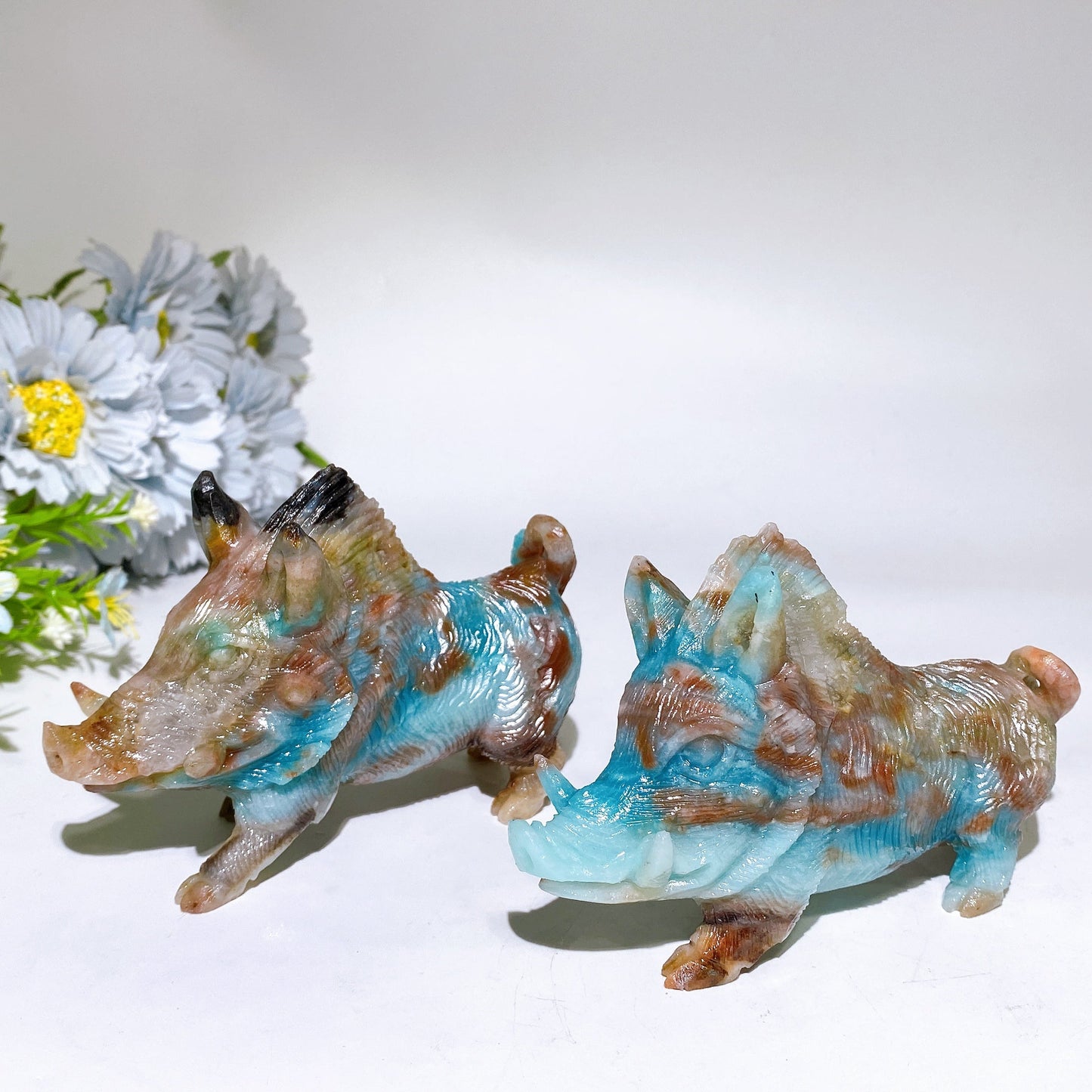 Caribbean Calcite Sky Blue Wild Boar Family Carving Crystal Healing Bulk Wholesale