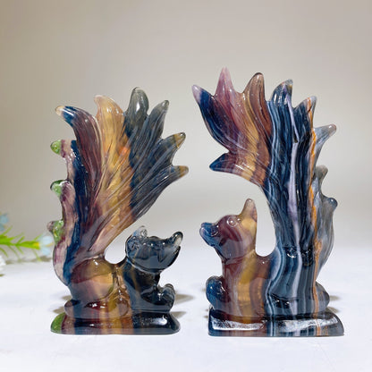 Rainbow Fluorite Nine-tails Fox Carving Crystal Healing Bulk Wholesale