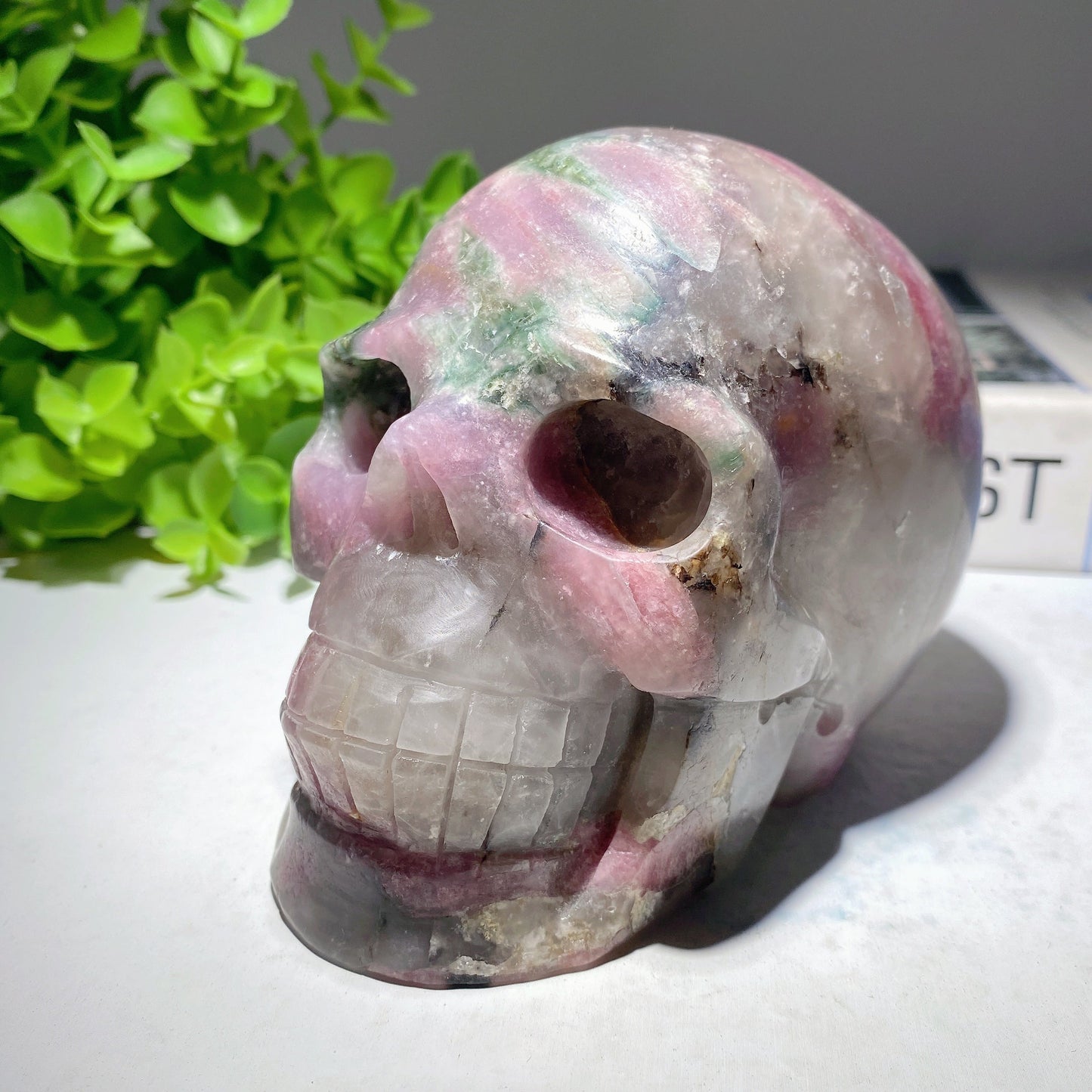 4.8" Unique Pink Green Tourmaline Skull Carving