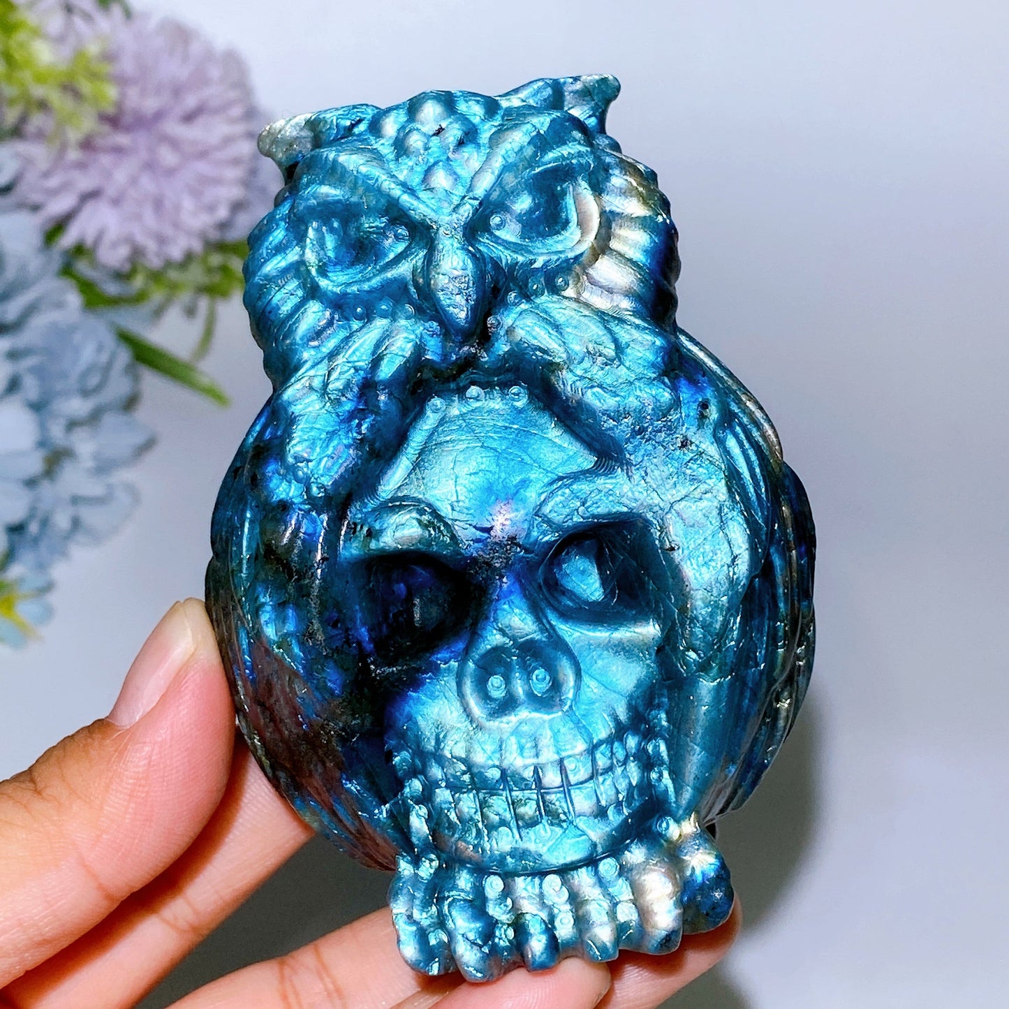 3.8" Labradorite Skull with Owl Carving Crystal Healing Bulk Wholesale