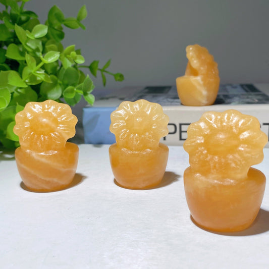 1.8" Orange Calcite Flower Bonsai Carvings Bulk Wholesale