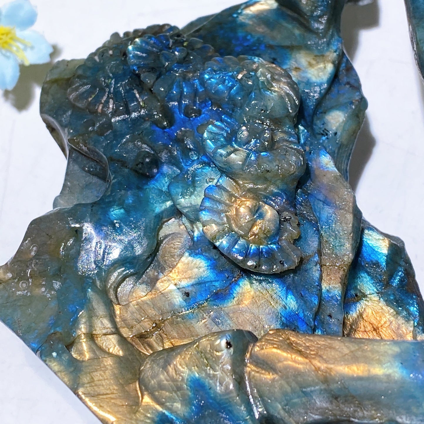 Full Flash Labradorite Unicorn Carving with Wooden Stand Crystal Healing