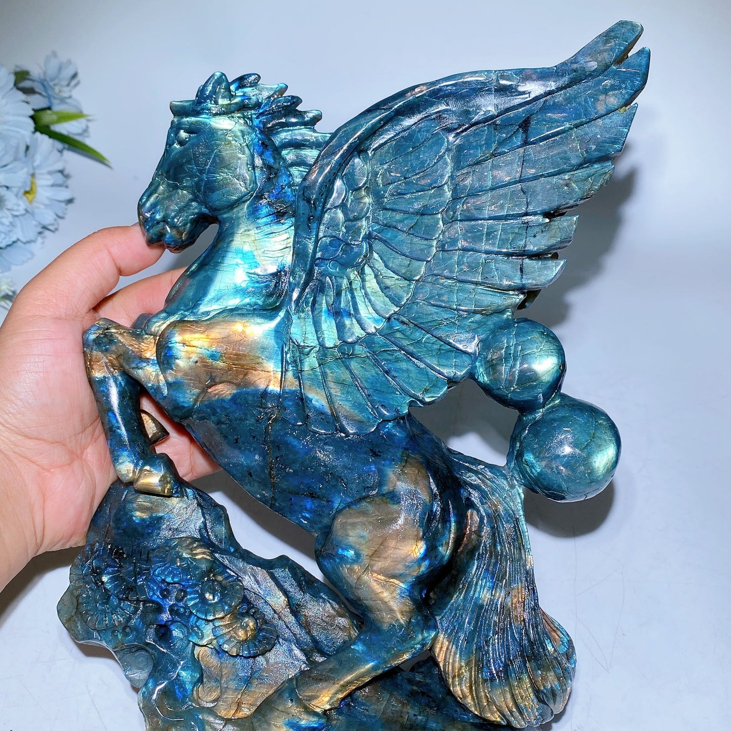 Full Flash Labradorite Unicorn Carving with Wooden Stand Crystal Healing
