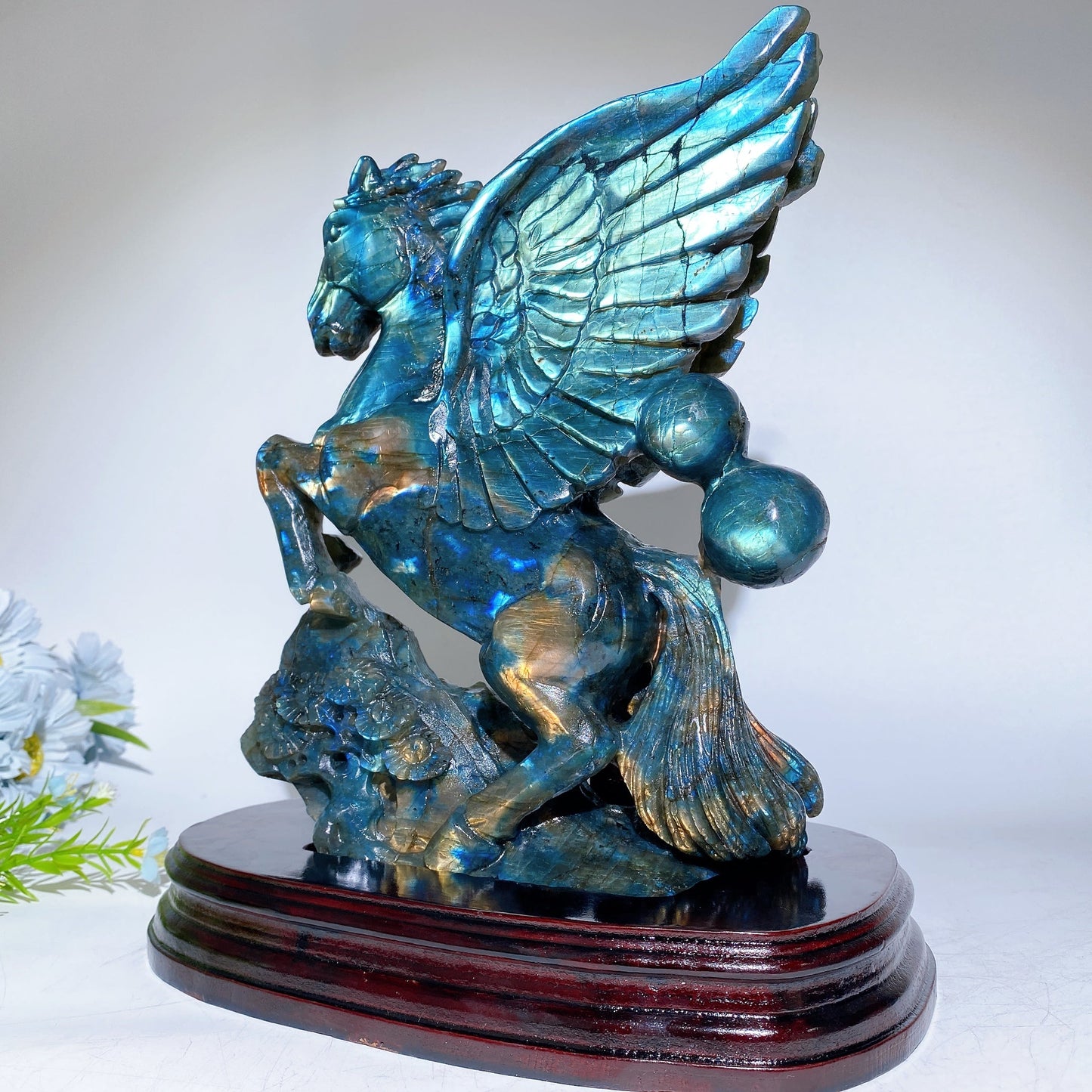 Full Flash Labradorite Unicorn Carving with Wooden Stand Crystal Healing