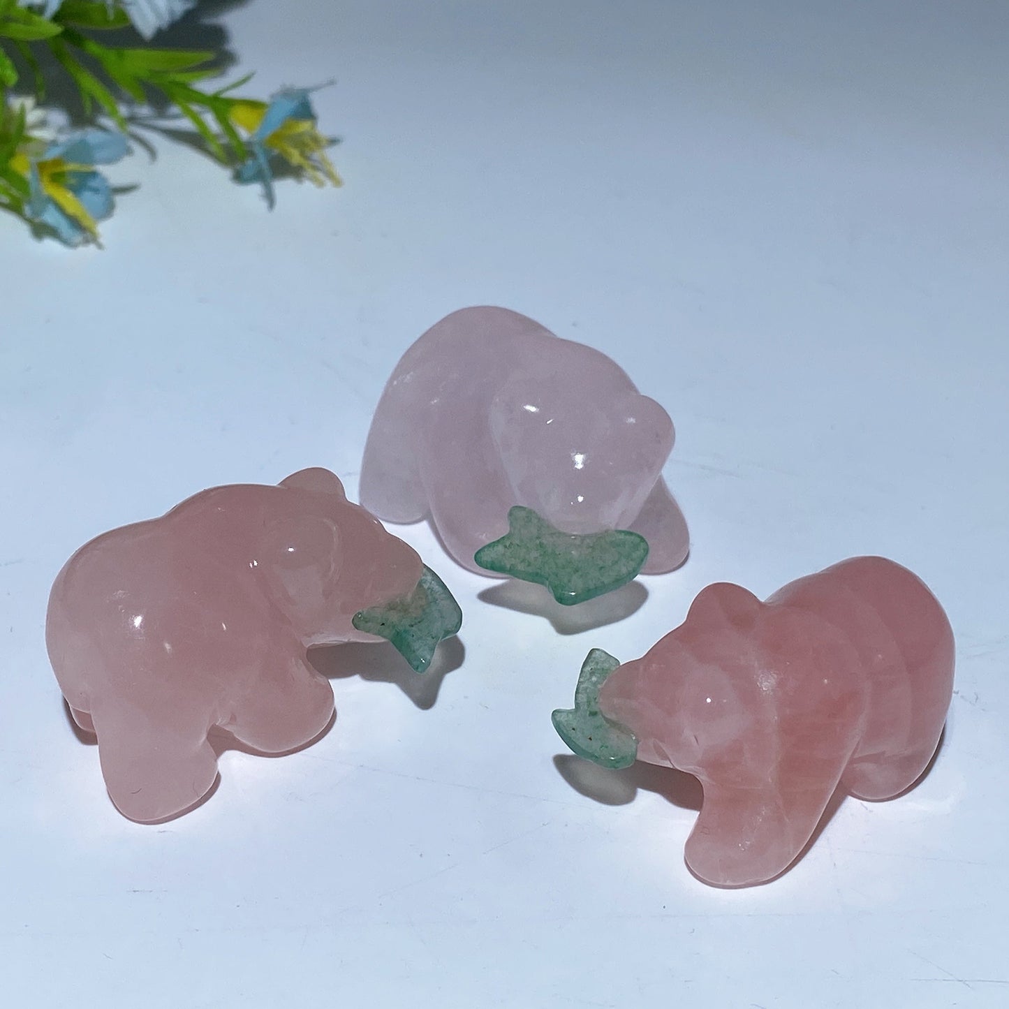 1.5" Rose Quartz Bear with Aventurine Fish Carving Crystal Healing Bulk Wholesale