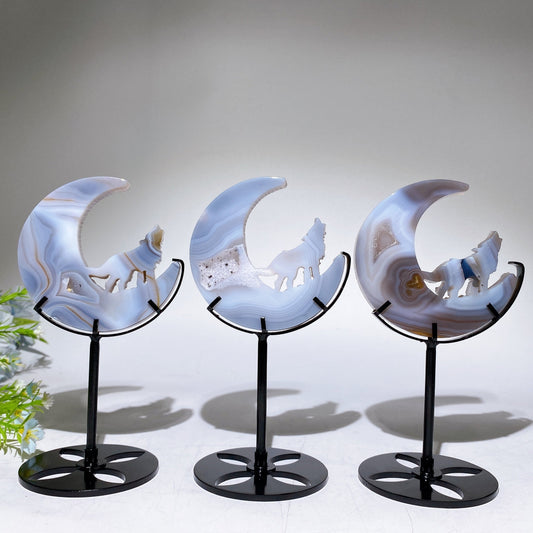 Druzy Agate Wolf on Moon Carving with Stand Crystal Healing Bulk Wholesale