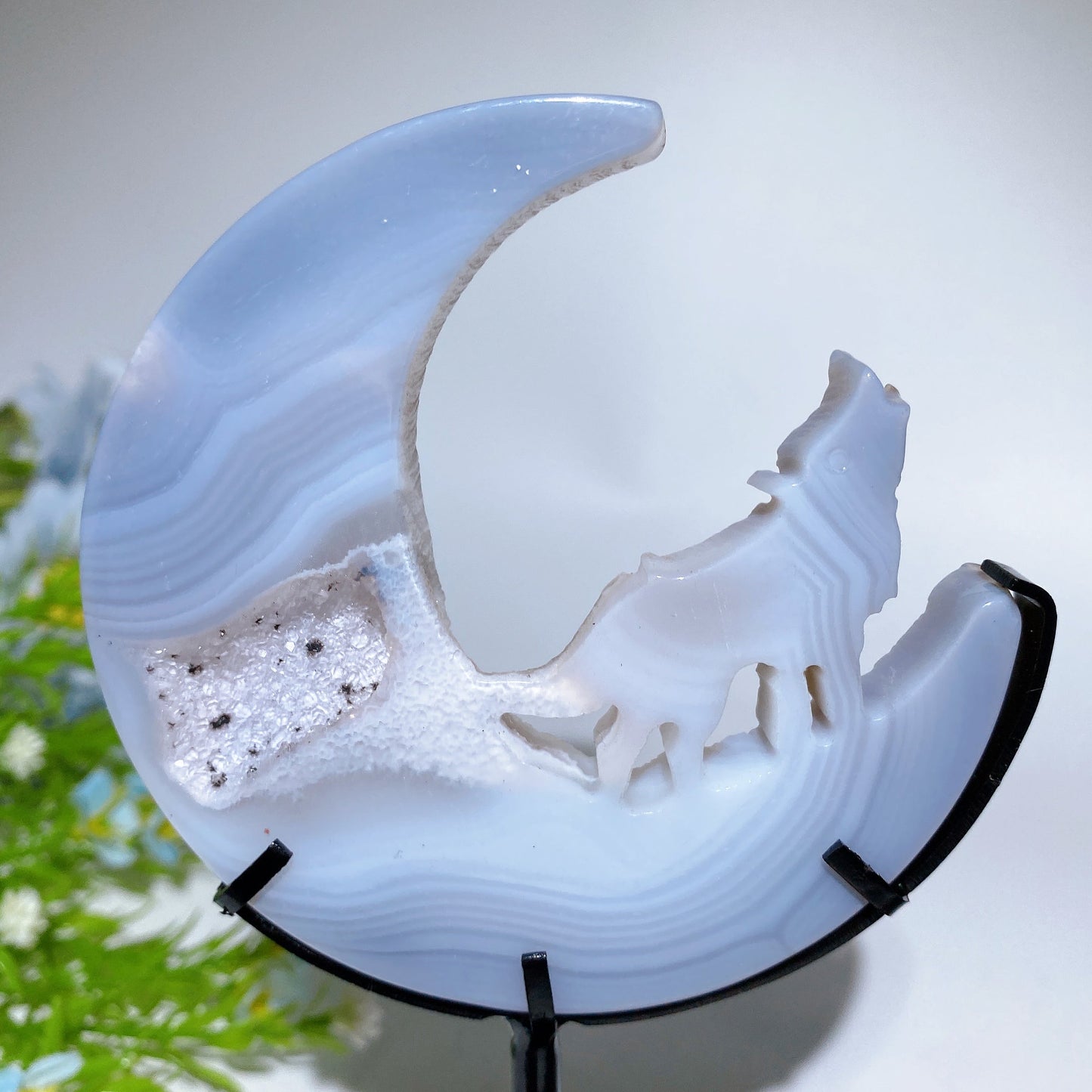 Druzy Agate Wolf on Moon Carving with Stand Crystal Healing Bulk Wholesale