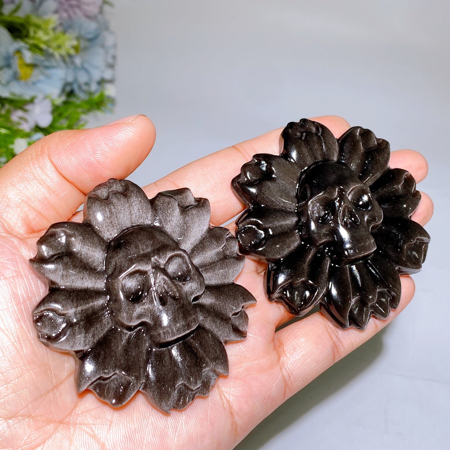 2.6" Silver Obsidian Skull Flower Carving Crystal Healing Bulk Wholesale