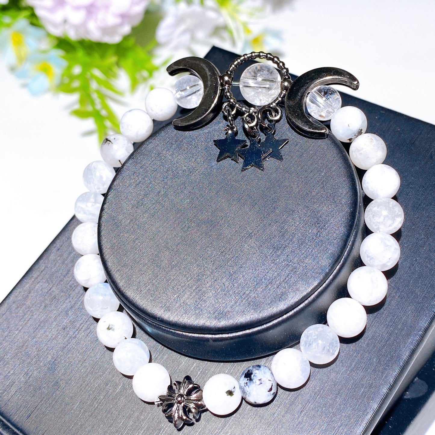 6mm Rainbow Moonstone with Clear Quartz Planet Bracelet Crystal Healing Bulk Wholesale